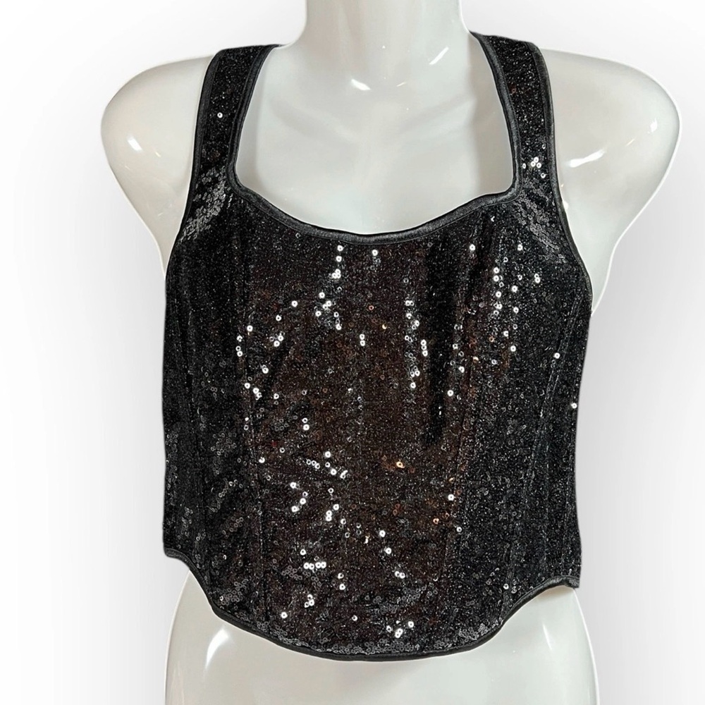 Black Sequin Halter Top Corset Lace up‎ back Sequins sparkle Party